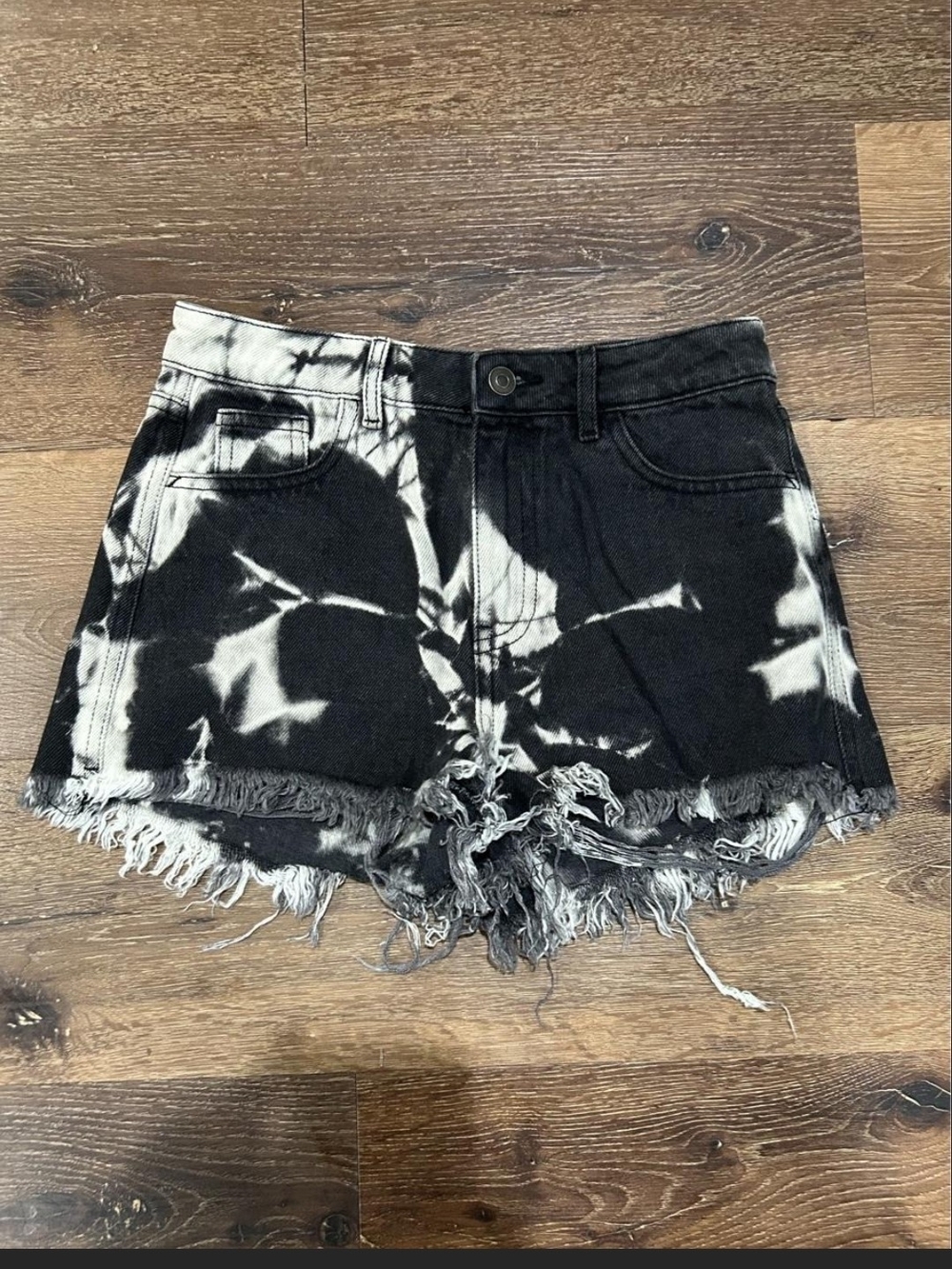 Zara Black & White Tie-Dye Frayed Hem Denim Shorts